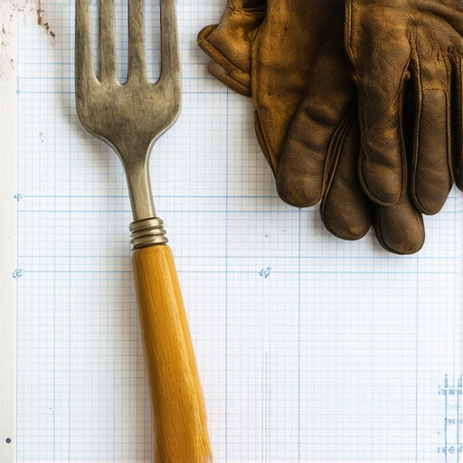 Crtež plana bašte na papiru sa baštenskim alatom na drvenom stolu