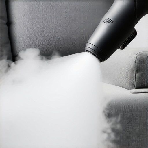Mlaznica paročistača čisti sivi mebl kauča uz vidljivu paru