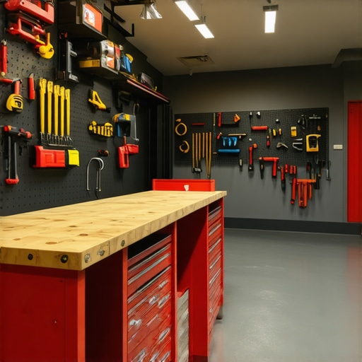 Unutrašnjost garaže adaptirane u funkcionalnu radionicu sa epoksidnim podom i radnim stolom.