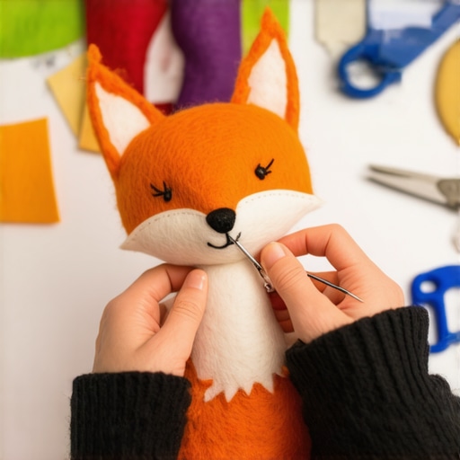 Detaljan prikaz šivenja igračke od filca sa fokusom na zanatske šavove