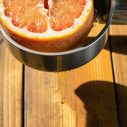 Ceđenje svežeg grejpfruta ručnom presom na drvenom stolu