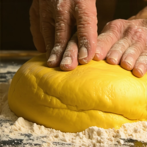 Ruke majstora kako mese žuto testo za pastu na drvenom stolu pokrivenom brašnom