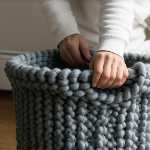 Osoba plete veliku sivu korpu za veš koristeći samo ruke i debelu vunu