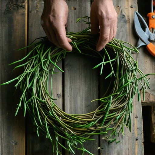 Detaljan prikaz pletenja venca od svežeg pruća na drvenom stolu