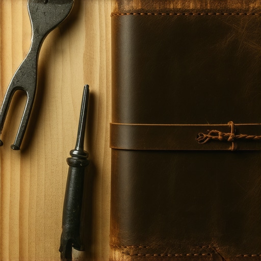 Detaljan prikaz šivenja kožnog dnevnika na drvenom stolu