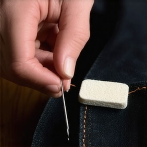 Ručno skraćivanje farmerki tehnikom originalnog ruba Ruke šiju teksas iglom i oker koncem koristeći nevidljivi šav