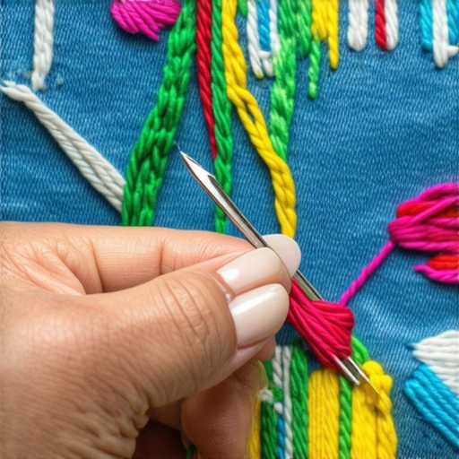 Detaljan prikaz ručnog veza na teksas jakni sa iglom i koncem