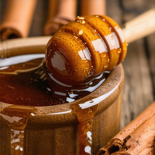 Gusta maska od sirovog meda i cimeta u drvenoj posudi za lice