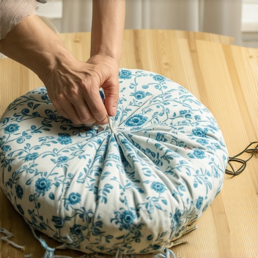 Šivenje zafu jastuka od stare posteljine Ručno šivenje jastuka za meditaciju od reciklirane pamučne posteljine