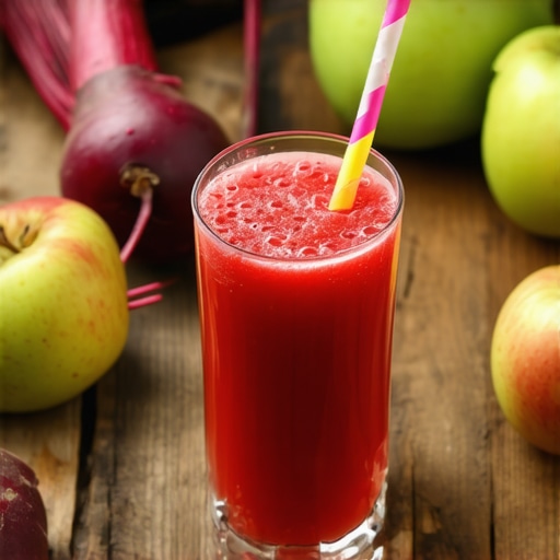 Svež sok od cvekle i jabuke za decu Čaša domaćeg soka od cvekle i jabuke na drvenom stolu