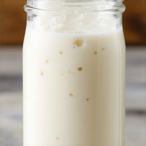 Krupni plan zdravih belih kefirnih zrna koja fermentišu mleko u staklenoj tegli