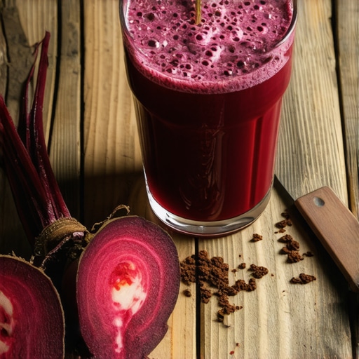 Čaša tamno ljubičastog soka od cvekle na drvenoj podlozi sa sirovim sastojcima