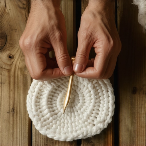 Krupni plan ruku koje heklaju podmetač debelim pamučnim koncem