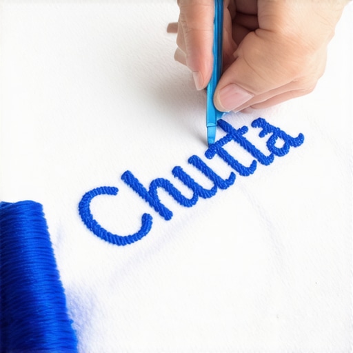 Detaljan prikaz ručnog vezenja imena na belom peškiru sa plavom folijom