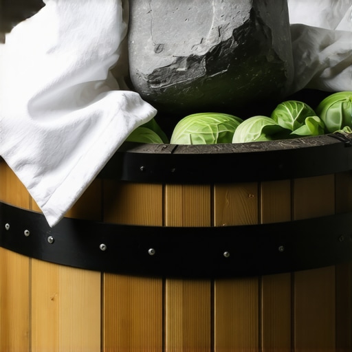 Kupus u buretu sa pritiskačem od kamena i pamučnom krpom za bistar rasol