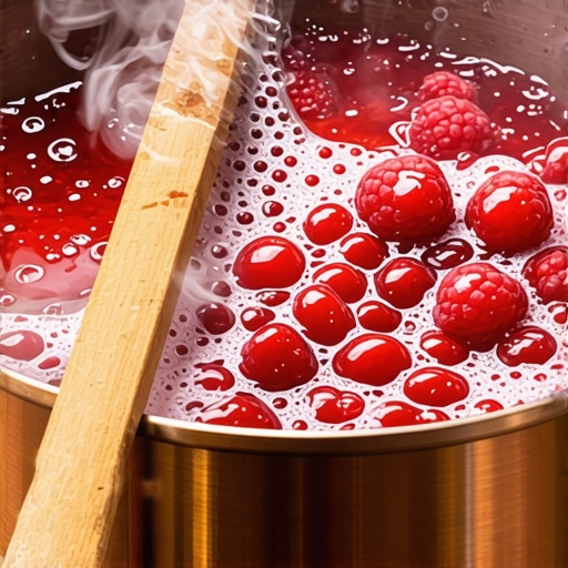 Gusti domaći džem od malina koji vri u bakarnoj šerpi