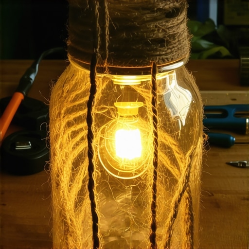 Unikatna DIY lampa od tegle i kanapa Ručno rađena lampa od staklene tegle obmotane grubim kanapom na radnom stolu