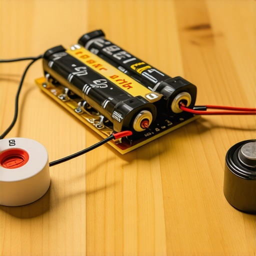 Komponente kućnog alarma napravljenog od magneta i starih baterija na radnom stolu