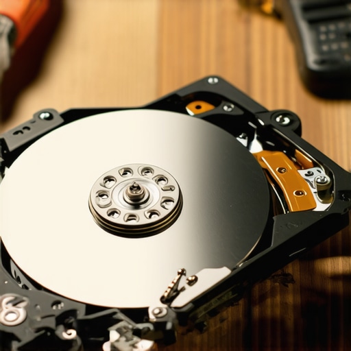 Rastavljeni hard disk sa vidljivim platnerima i magnetima na drvenom stolu