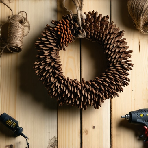 Uradi sam božićni venac od šišarki Ručno rađen božićni venac od prirodnih šišarki na radnom stolu