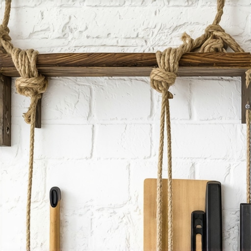 Uradi sam polica od kanapa Rustična polica od drveta i kanapa visi na zidu