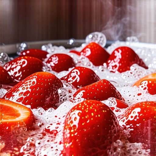 Detaljan prikaz mehurića i teksture brzog domaćeg džema od jagoda u šerpi.