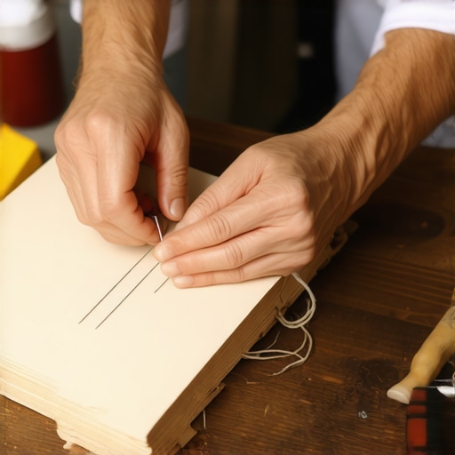 Ruke zanatlije koje šiju tabake papira za domaći dnevnik na drvenom stolu