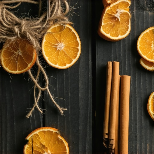 Ručno rađen zimski venac sa sušenim narandžama i štapićima cimeta na drvenom stolu