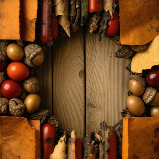 Ručno rađen jesenji venac od prirodnih materijala na drvenom stolu