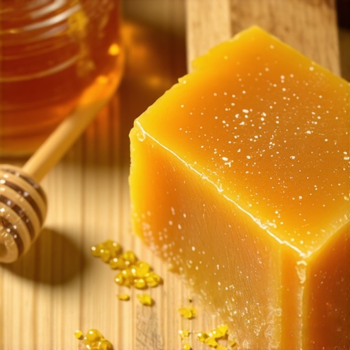 Close up of golden homemade honey soap bars on a wooden surface with a honey dipper
