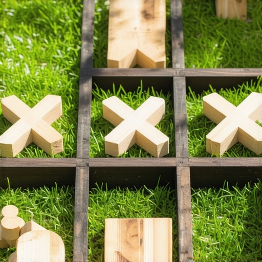 Džinovska drvena igra X-O postavljena na travnjaku u dvorištu