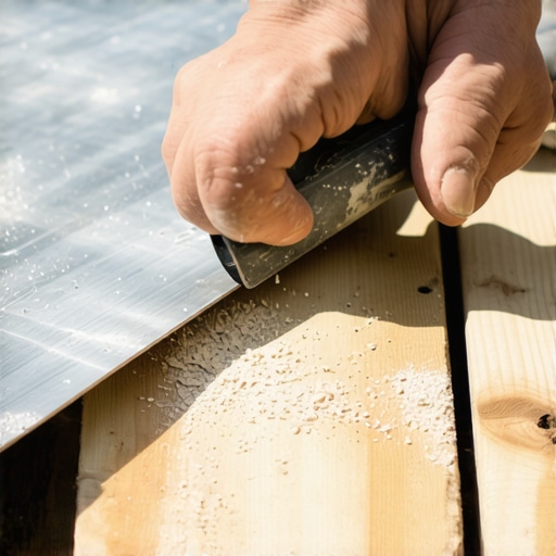 Osoba brusi ivice pocinkovanog lima na drvenom stolu u radionici