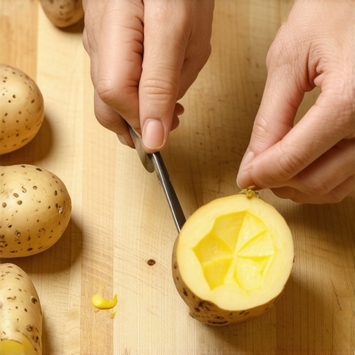 Hands carving a potato stamp on a wooden workbench