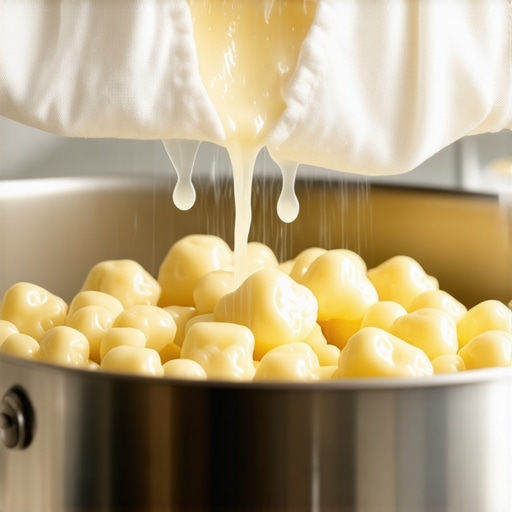 Ceđenje domaćeg sira u gazi Proces pravljenja domaćeg sira i ceđenje surutke kroz gazu u kuhinji