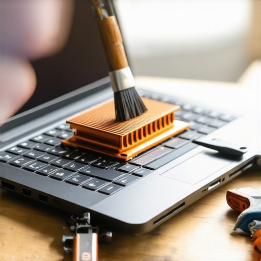 Čišćenje prašine iz hladnjaka starog laptopa Unutrašnjost starog laptopa sa prašnjavim ventilatorom i bakarnim hladnjakom na radnom stolu.