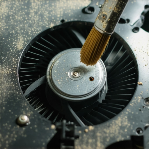 Unutrašnjost laptopa sa prašnjavim ventilatorom koji se čisti četkicom