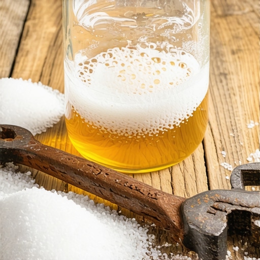 Zarđali ključ u tegli sa sirćetom na radnom stolu