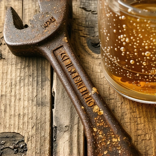 Stari zarđali ključ u posudi sa sirćetom na drvenom stolu