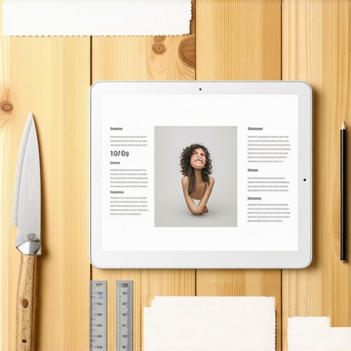 DIY Canva dizajn brošure i alat za doradu Canva interfejs sa dizajnom brošure i zanatski alat na stolu