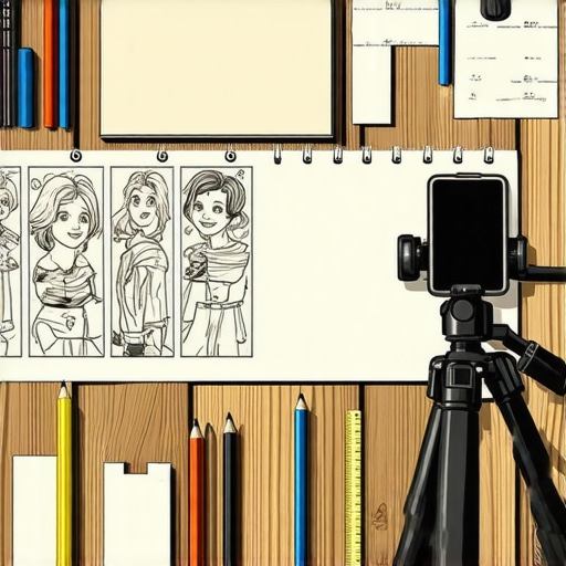 Close-up of a DIY comic drawing station with pencils and paper panels.