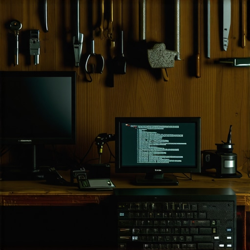 DIY Database Setup on a Maker's Workbench Photo of a digital financial database setup in a gritty DIY workshop environment