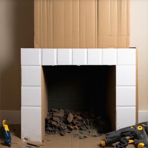 A partially finished decorative fireplace made from recycled cardboard boxes showing the building process.