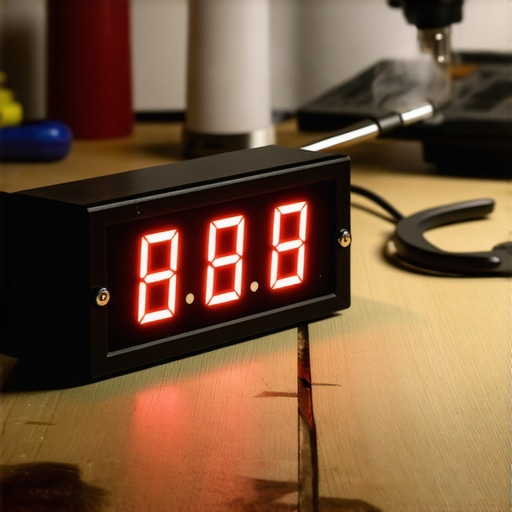 DIY Digitalni Tajmer za Vežbanje u Radionici Ručno pravljeni digitalni tajmer sa crvenim LED brojevima na drvenom stolu u radionici.