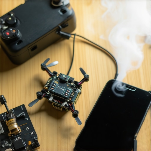 Disassembled smartphone and drone components on a workshop table