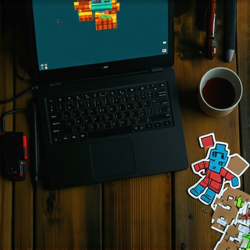 Close up of a workshop desk with a laptop for game design and physical craft tools