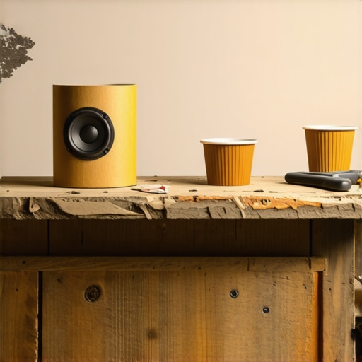 DIY Kartonski zvučnik na radnom stolu Ručno pravljeni zvučnik za telefon od kartonske tube i čaša na drvenom stolu