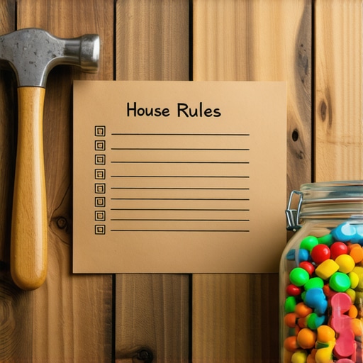 DIY Kućni red na hamer papiru Ručno pravljen kućni red za decu na drvenom zidu sa alatom u pozadini