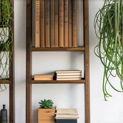 Uradi sam polica od drvenih merdevina u dnevnoj sobi sa knjigama i biljkama
