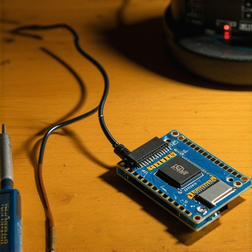 DIY Pametni Senzor Vlage Detaljan prikaz ručno izrađenog senzora vlage sa ESP8266 čipom na radnom stolu.