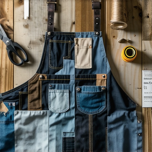 Ručno rađena kecelja od teksasa i platna na drvenom stolu sa alatom za šivenje